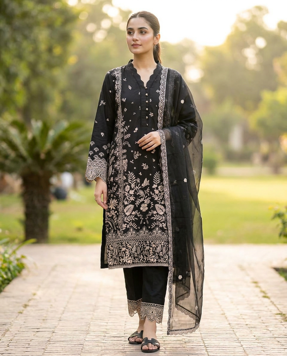 Ebony Embroidered Three-Piece Suit — Luxury Pret collection at ZR Wears