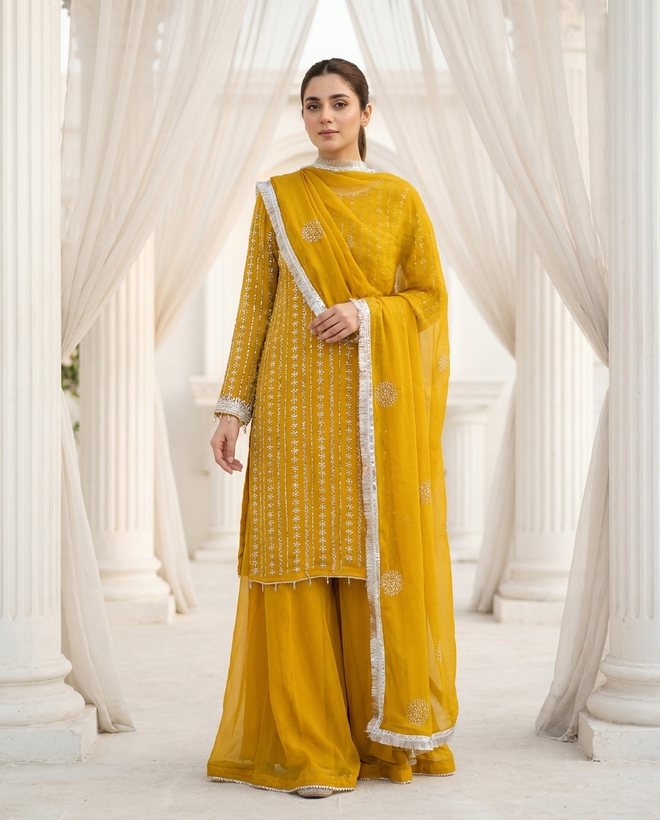 Mustard Embroidered Festive Chiffon Suit