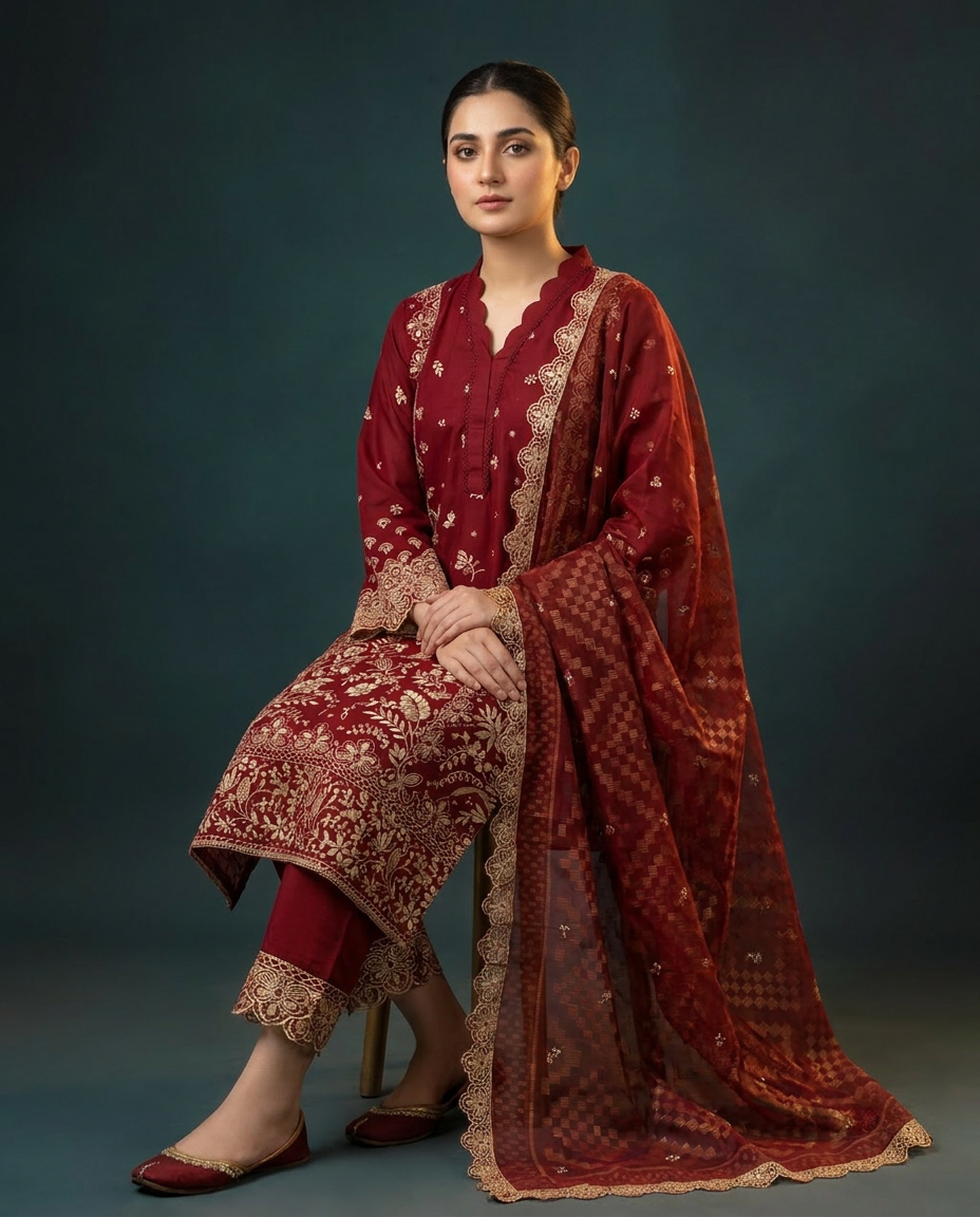 Maroon Embroidered Luxury Suit — Stitched collection at ZR Wears