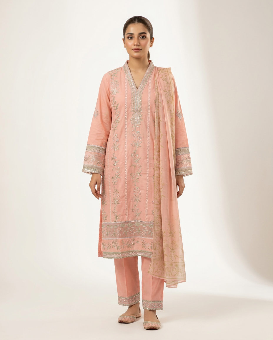 Peach Embroidered Three-Piece Suit — Embroidered collection at ZR Wears